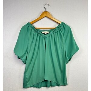 LOFT Women's‎ Green Off Shoulder Elastic Neckline Bishop Sleeve Blouse Top M